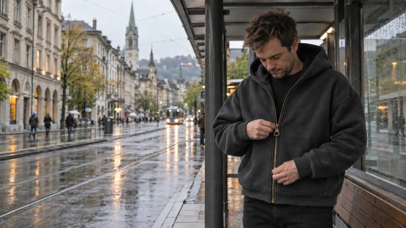 Ein Mann zieht an einer Tramhaltestelle an einem nassen Herbsttag den Reissverschluss seines dunkelgrauen Zip Hoodies hoch.