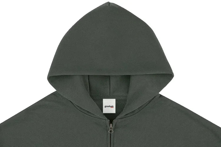 Heavyweight Zip-Up Olivgrün - Detail hohe doppellagige Kapuze mit gewebtem Label