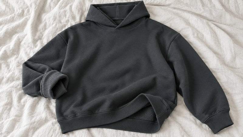 Ein eisengrauer Hoodie liegt flach auf hellem Leinen. Ein Ärmel und der Saum sind umgeschlagen und zeigen innen kleine offene Baumwollschlaufen.