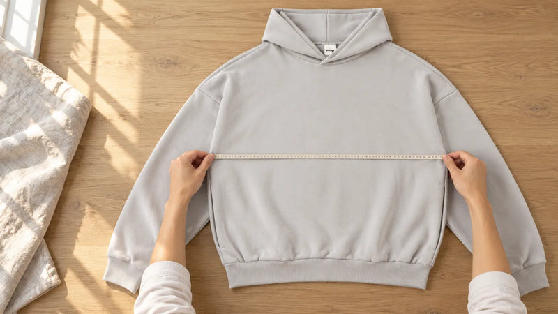 Zwei Hände legen ein Massband quer über die Brust eines flach ausgebreiteten grauen Hoodies auf einem Holztisch.