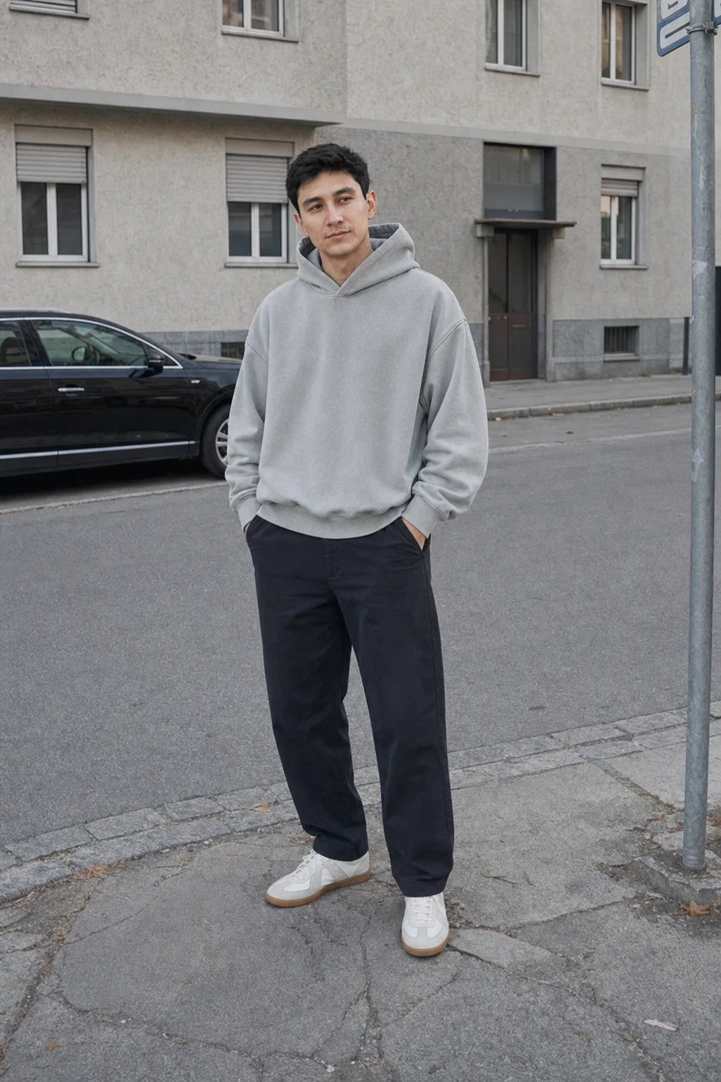 Alltags Essential Hoodie Grau - Model, Streetstyle (2)