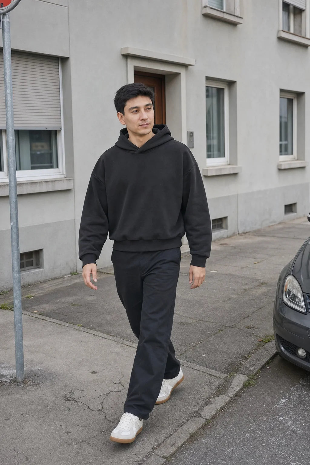 Alltags Essential Hoodie Schwarz - Model, Streetstyle