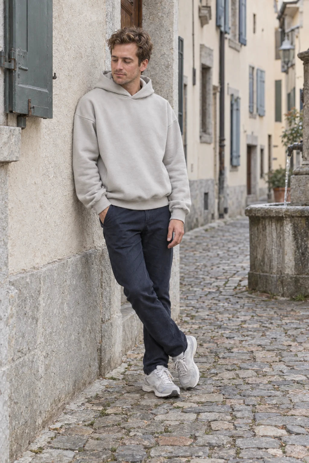 French Terry Hoodie Sand-Grau - Model, Altstadt