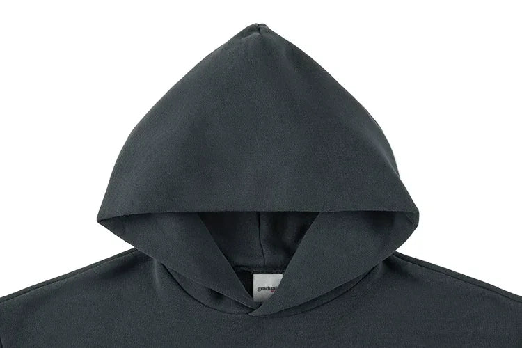 French Terry Hoodie Eisen-Grau - Detail doppellagige Kapuze mit gewebtem Label
