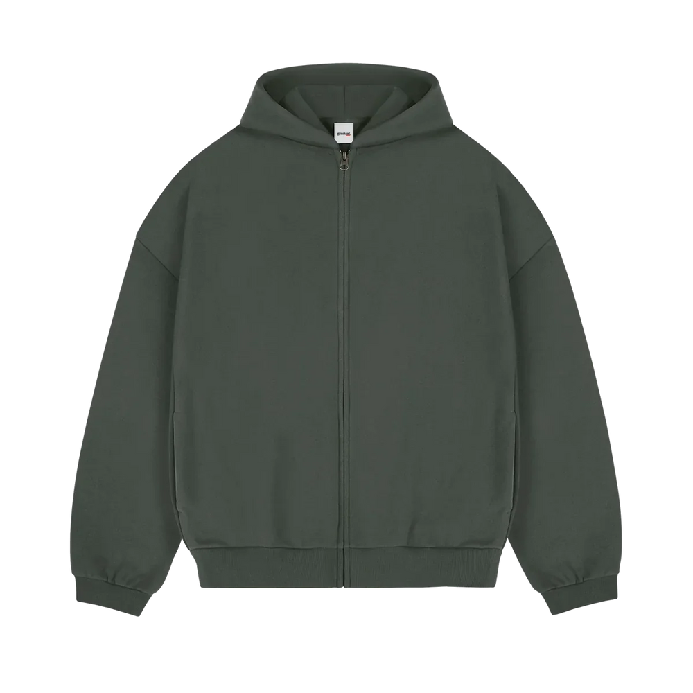 Heavyweight Zip-Up Olivgrün - 500GSM Zip-Hoodie mit YKK Reissverschluss von gradualbasics